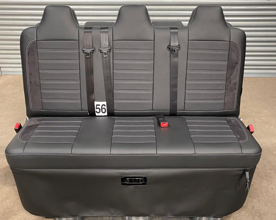 Rock & Roll Bed Full Size M1 tested Legless Gas Assisted, black real leather with perforated centre panel, black Alcantara inserts, and light grey stitching.