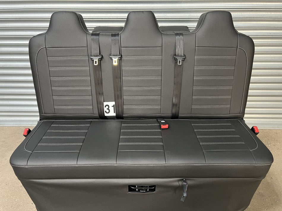 Rock & Roll Bed Full Width MOT Compliant Gas Assisted upholstered in black leatherette with horizontal grey stitching.