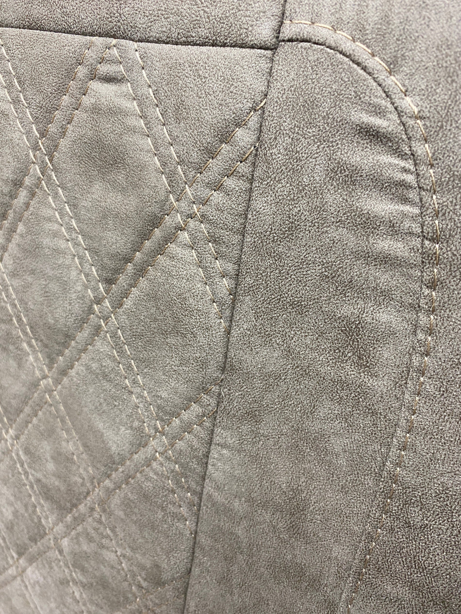 Rock & Roll Bed M1 Tested 3/4 Width, close-up of beige faux suede backrest with detailed Bentley stitch pattern.