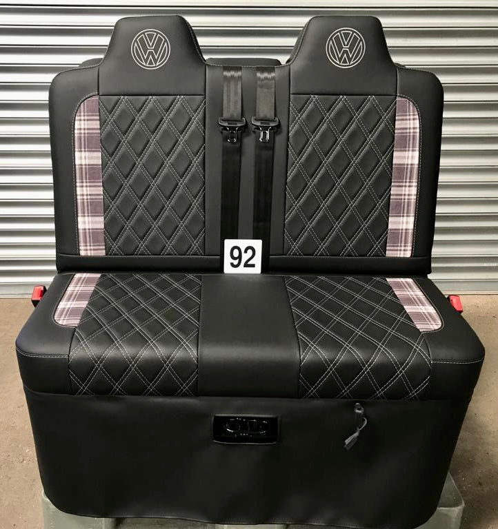 Rock & Roll Bed M1 tested Deluxe 3/4 Legless Width Gas Assisted in black leatherette with white Bentley stitching, upgraded tartan inserts and white VW logos.