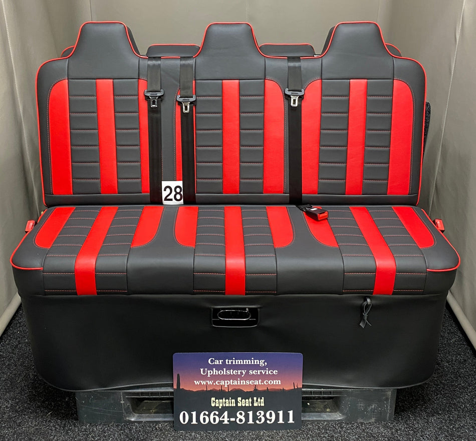 Rock & Roll Bed M1 Tested Full Width Gas Assisted, front view in black leatherette with red centre panels, red piping, and horizontal red stitching.