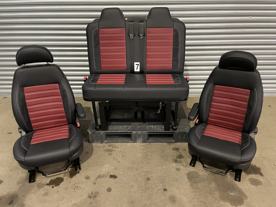 Rock & Roll Bed M1 Tested gas Assisted and Pair of MK2 Swivel Replacement Captain Seats in black Nappa real leather with perforated red centre panels and red stitch pattern.