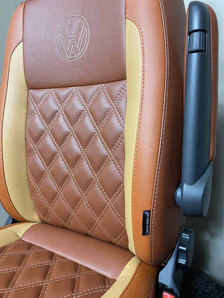 Factory Front Seat for VW T4 T5 T6, close-up of backrest with Bentley cross stitching, VW logo, and tan leatherette edge panel.
