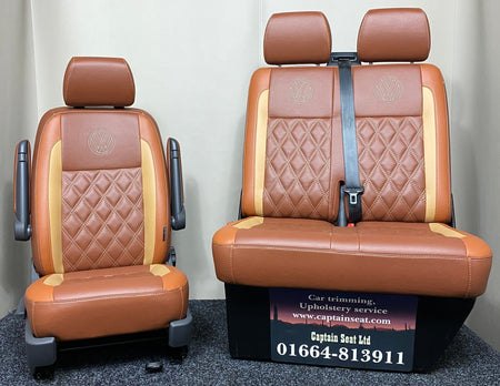 VW T4 T5 T6 Factory Front Seats in tan and toffee leatherette with Bentley stitching, integrated seatbelts and VW logos.