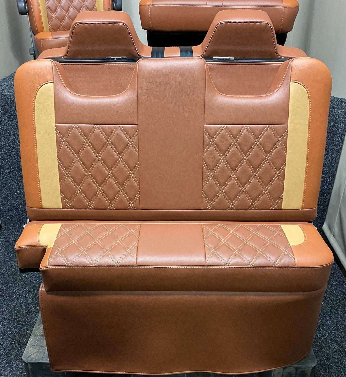 Rock & Roll Bed VW T4 T5 T6 Crafter,  in tan and toffee leatherette featuring Bentley cross stitching.