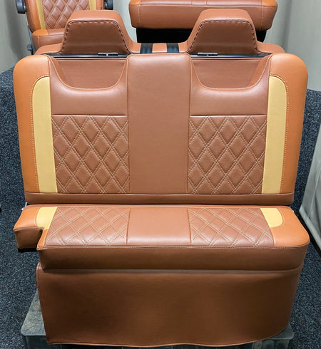 Rock & Roll Bed VW T4 T5 T6 Crafter,  in tan and toffee leatherette featuring Bentley cross stitching.