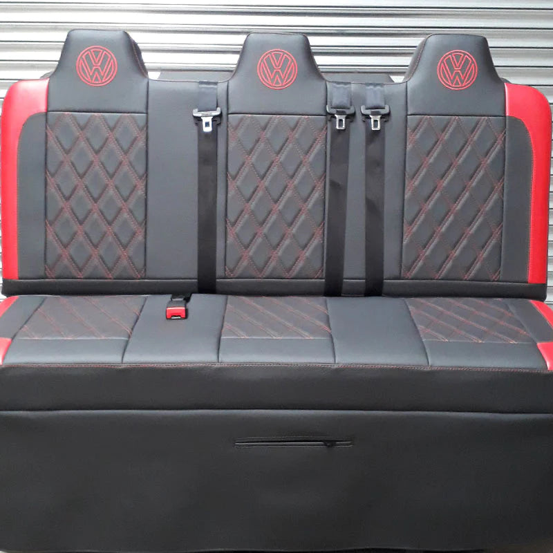 Rock & Roll Beds VW T4 T5 T6 3 Seater M1 in black leatherette upholstery with red inserts, Bentley stitching and VW logos.