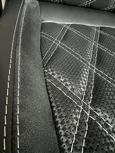 T5 & T6 VW – G-Dub Style – Bentley Seat, close-up of perforated black Nappa leather with Bentley stitching and Alcantara side insert.