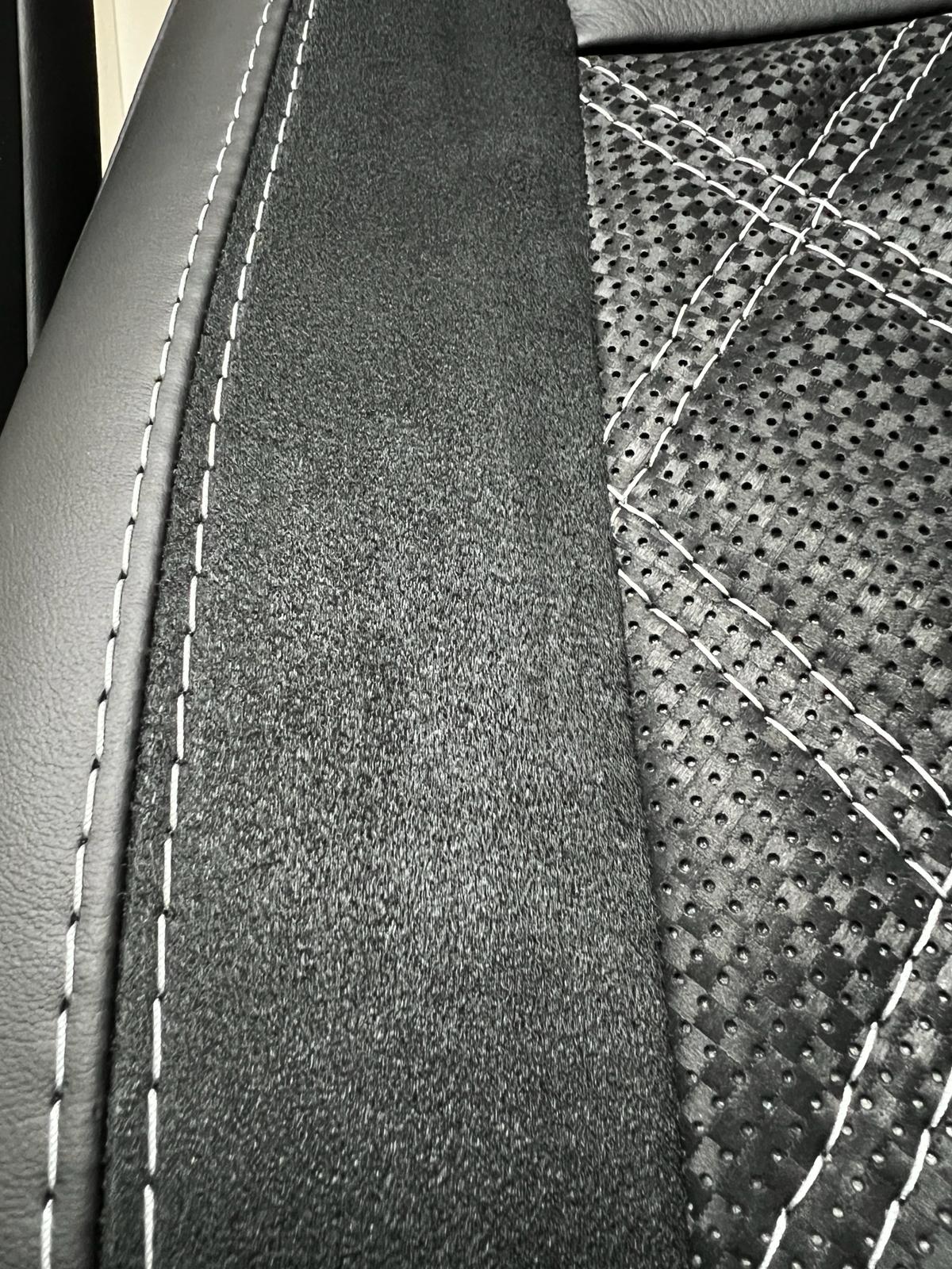 T5 & T6 VW – G-Dub Style – Bentley Seat, close-up of Alcantara insert and perforated Bentley-stitched black Nappa leather.