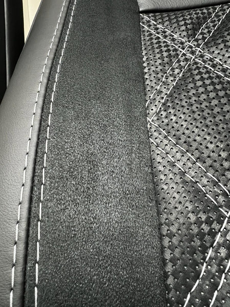 T5 & T6 VW – G-Dub Style – Bentley Seat, close-up of Alcantara insert and perforated Bentley-stitched black Nappa leather.