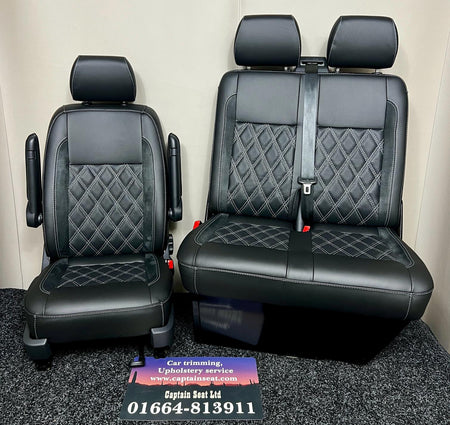 T5 & T6 VW – G-Dub Style – Bentley Seats, front view showing black Nappa real leather with perforated centre panels, Bentley stitching, and Alcantara inserts.