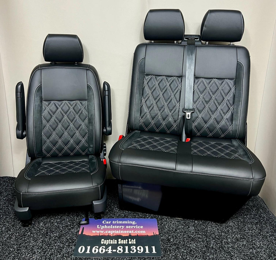 T5 & T6 VW – G-Dub Style – Bentley Seats, front view showing black Nappa real leather with perforated centre panels, Bentley stitching, and Alcantara inserts.
