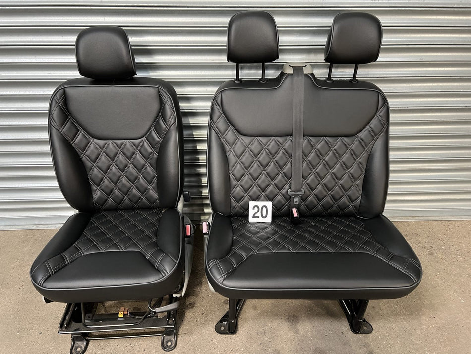TVP Trafic Vivaro Primastar Front Seats in black leatherette upholstery with Bentley stitch pattern and dark grey piping. 