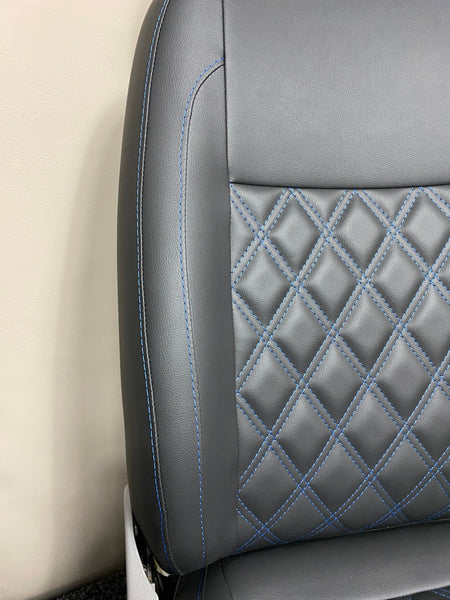 VW Factory T5 T6 Front Seat close-up, showing the detailed blue Bentley cross stitching on the backrest.