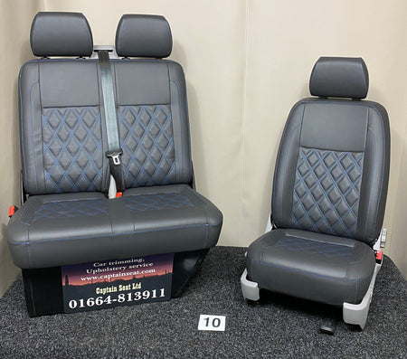 VW Factory T5 T6 Front Seats in black leatherette with light grey plastic trim and blue Bentley cross stitching.