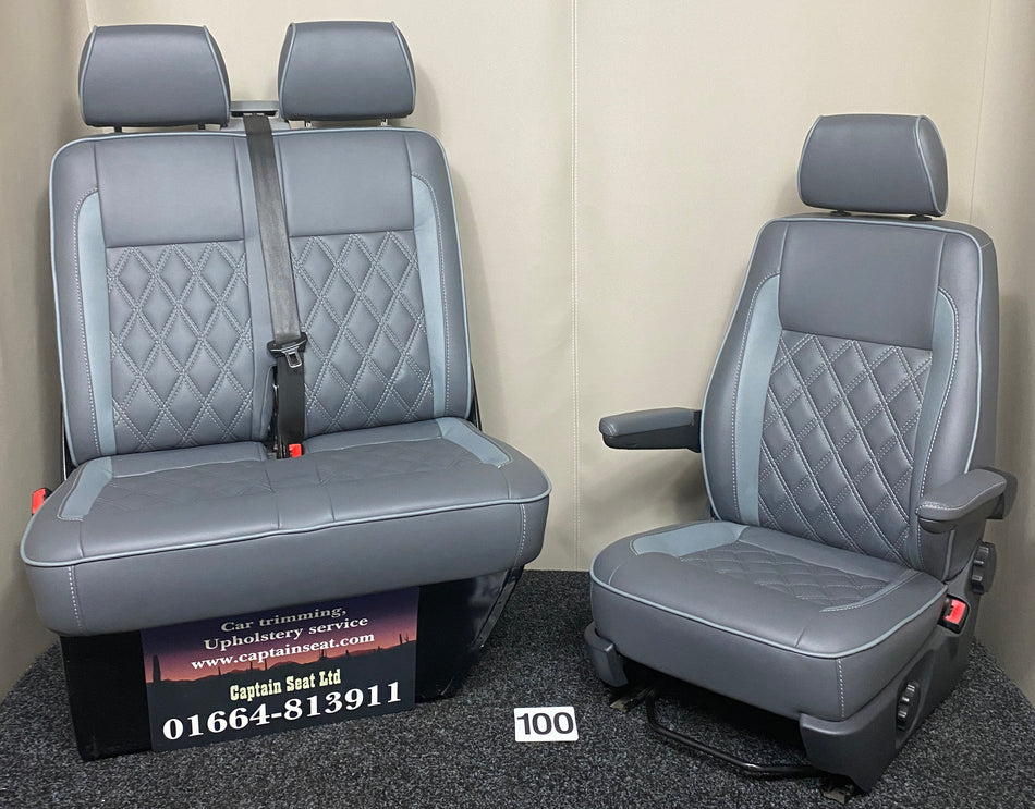 VW Factory Front Seats T5 T6, full view of medium grey leatherette with light grey inserts, white Bentley cross stitching, and dark grey plastic trim.