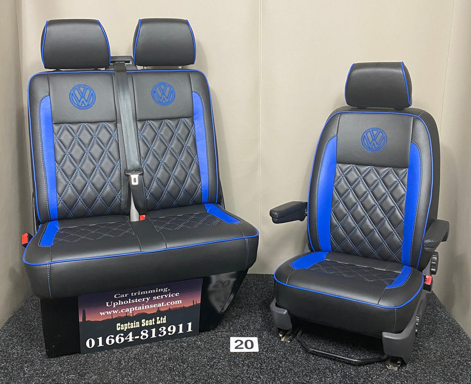 VW Factory Front Seats T5 T6, full view of black leatherette with blue inserts, blue Bentley cross stitching, blue piping, and blue VW logos.