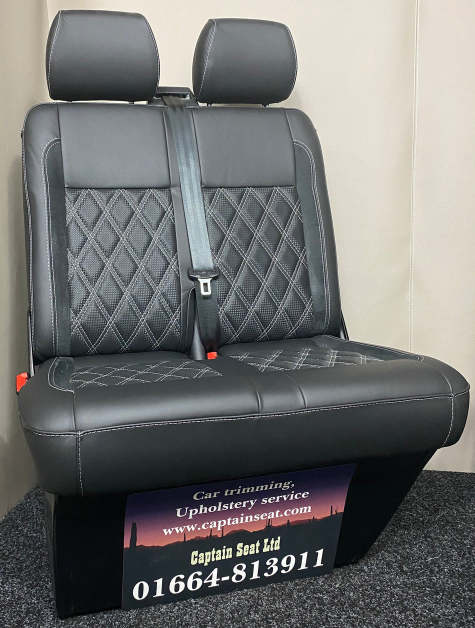 VW Factory T5 T6 double folding passenger seat in black real leather with black Alcantara inserts, carbon perforated centre panel, and light grey Bentley stitching.