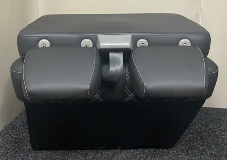 VW Factory T5 T6 double folding passenger seat in black real leather, shown in folded-down position.