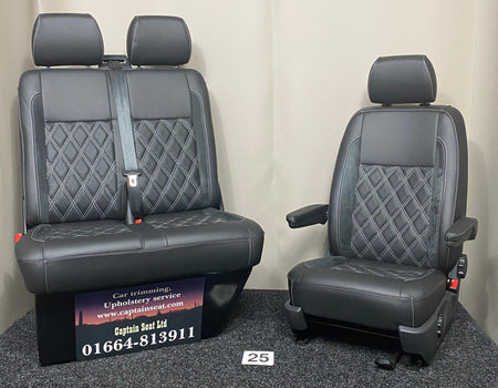 VW Factory T5 T6 Front Seats in black real leather with black Alcantara inserts, carbon perforated centre panel, and light grey Bentley stitching.