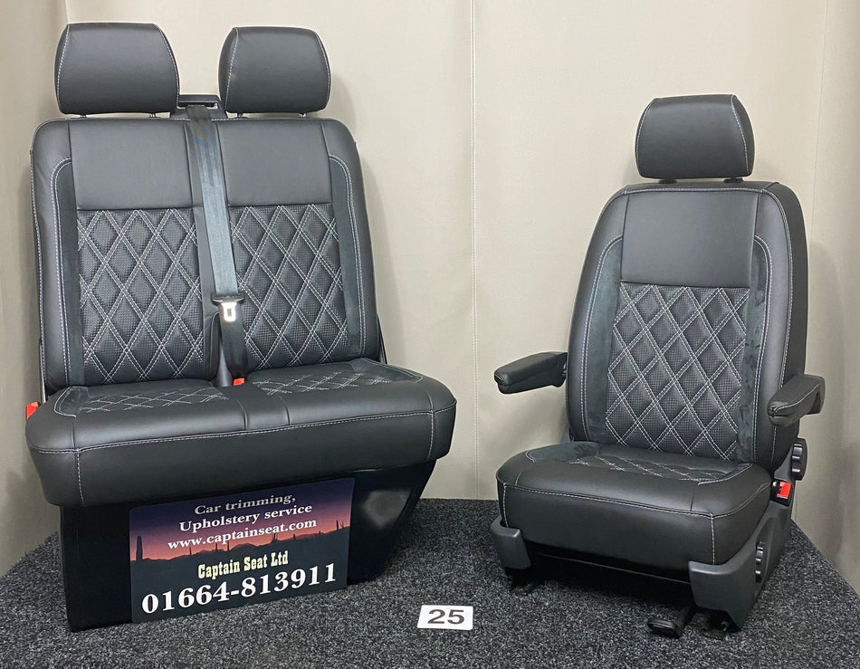 VW Factory T5 T6 Front Seats in black real leather with black Alcantara inserts, carbon perforated centre panel, and light grey Bentley stitching.