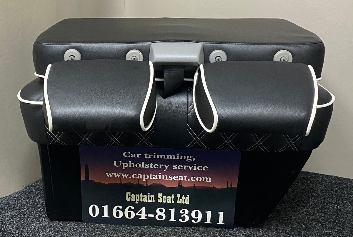 VW Factory T5 T6 passenger seats in black leatherette with full Bentley cross-stitch pattern, shown in folded position.