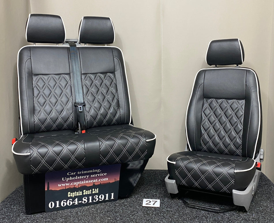 VW Factory T5 T6 front seats in black leatherette with full Bentley cross-stitch pattern and white leatherette piping. Double folding seat design with light grey plastic trim.