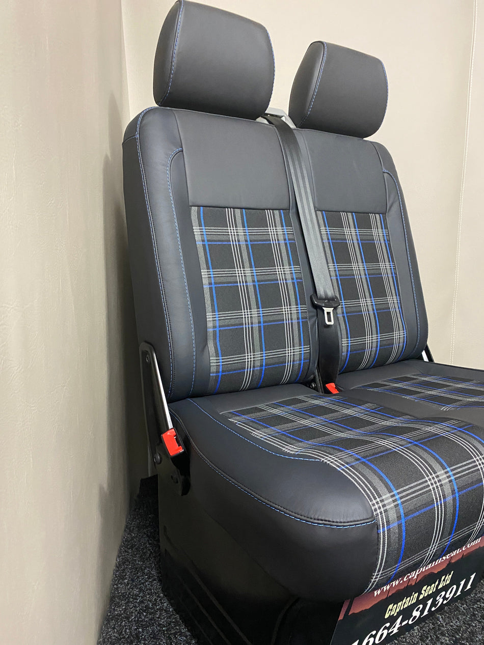 VW Factory Passanger Seats T5 T6 in  black real leather, with blue tartan centre panels, blue stitching, and light grey plastic trim.
