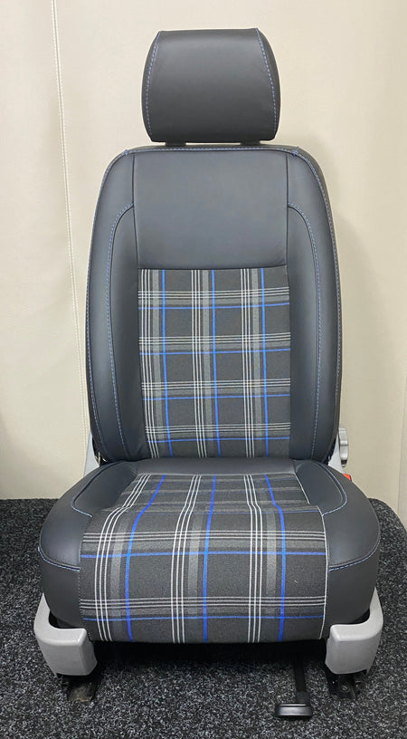 VW Factory T5 T6 Driver Seat with black real leather edge panels, blue tartan centre panel and blue stitching.
