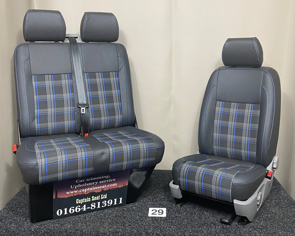 VW Factory T5 T6 Front Seats in black real leather with blue tartan centre panel and blue stitching, light grey plastic trim.