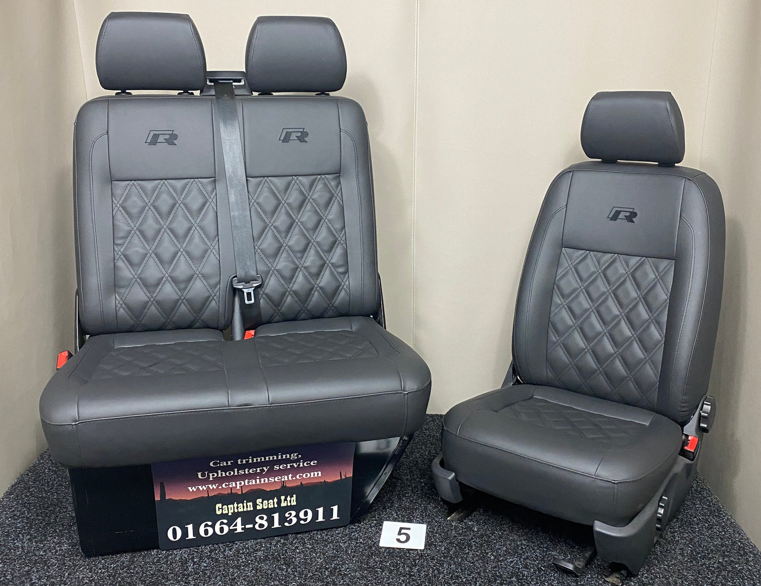 VW Factory T5 T6 Front Seats in black leatherette upholstery with black Bentley cross stitching and R-Line logos.