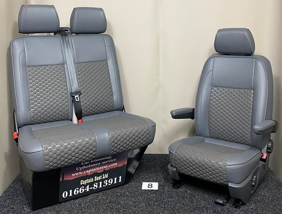 VW Factory Front Seats T5 T6, full view of medium grey leatherette with light grey leatherette inserts, grey Bentley cross stitching, and dark grey plastic trim.