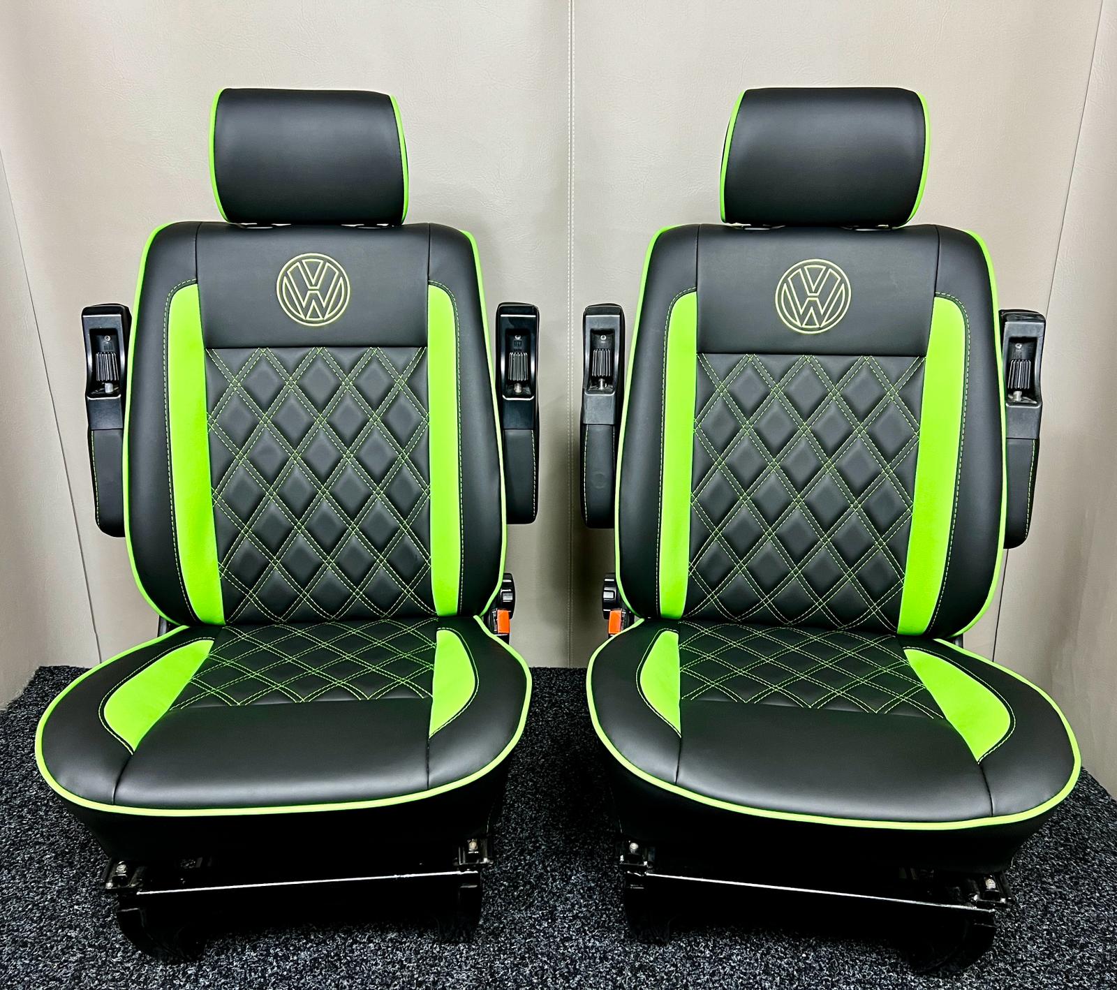 VW T4 Front Seats Upholstery (VW-T4-14) in black leatherette upholstery with green inserts, piping and VW logos.