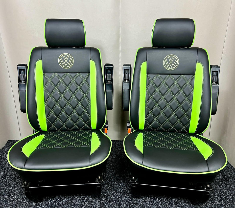 VW T4 Front Seats Upholstery (VW-T4-14) in black leatherette upholstery with green inserts, piping and VW logos.