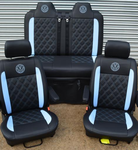 VW T4 Front Seats in black leatherette with baby blue inserts, Bentley stitch patten and VW logos.