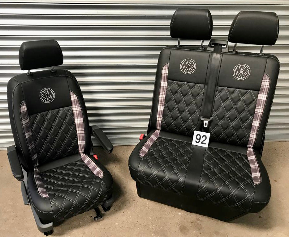 VW T5 T6 1+2 front Seats made from Black leatherette with white Bentley stitch and upgraded tartan insets with white VW logos.