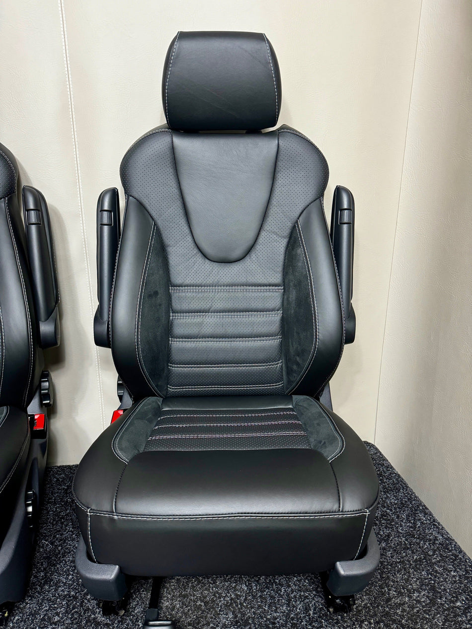VW T5 T6 Factory Front Seat Wing Back in black Nappa leather with perforated leather centre panel and Alcantara inserts, double armrests and light grey horizontal stitching.