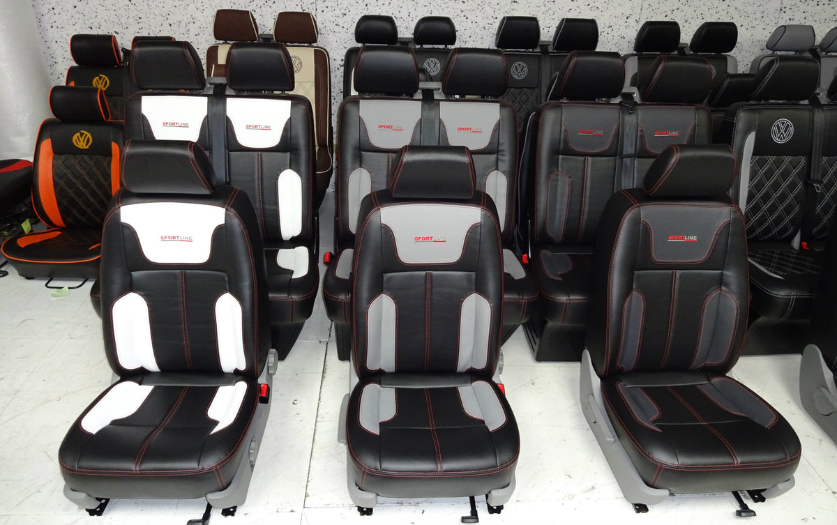 VW T5 T6 front driver and double passenger seat models in faux leather upholstery.