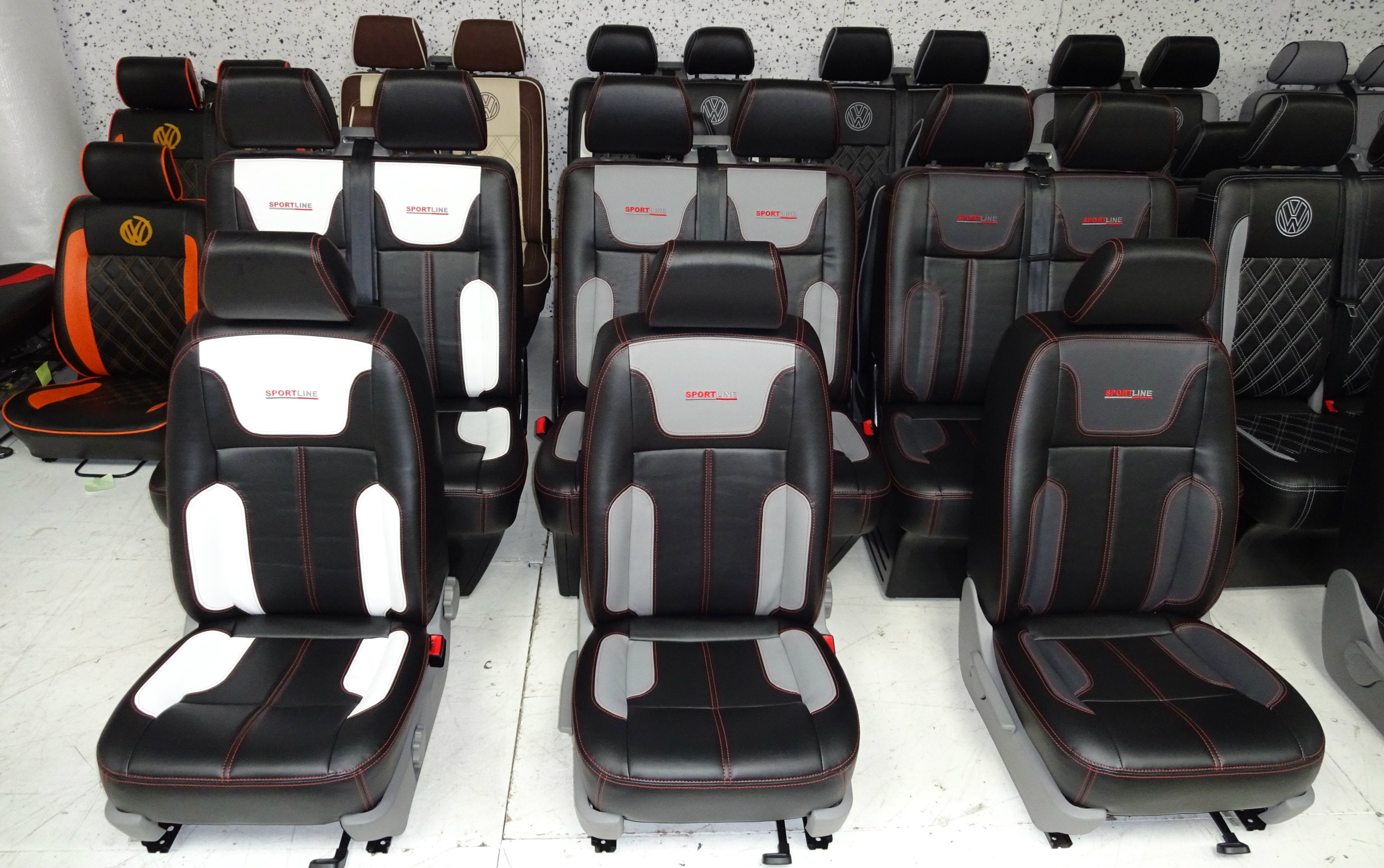 VW T5 T6 front driver and double passenger seat models in faux leather upholstery.