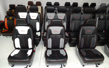 VW T5 T6 front driver and double passenger seat models in faux leather upholstery.