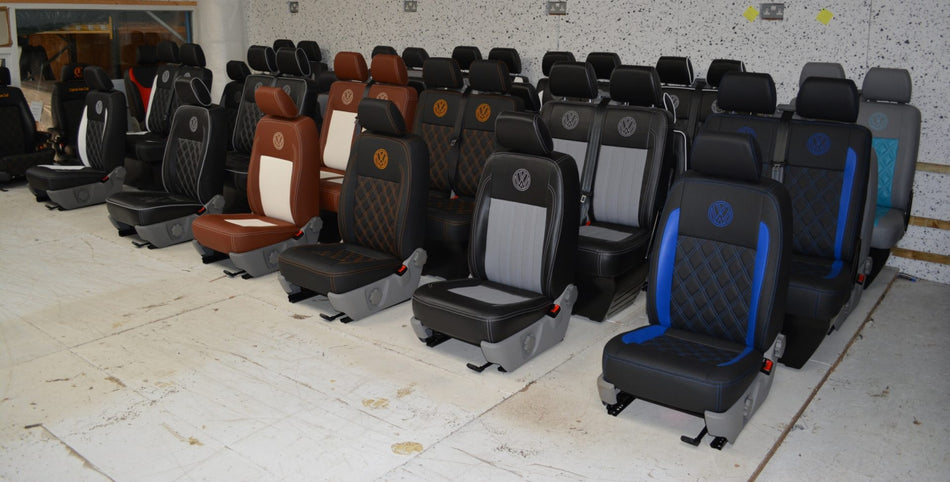 VW T5 T6 front seats shown in multiple style variations with different details.