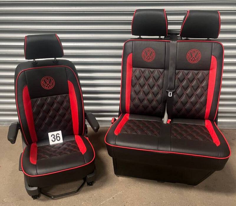 VW T5 T6 front seats upholstered in black leatherette (Lincoln) with red Bentley stitch pattern, red piping, inserts and VW logos.