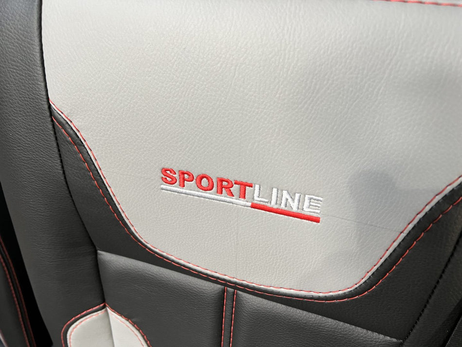 VW T5 T6 front seat, close-up of the Sportline logo on black and light grey  leatherette backrest.